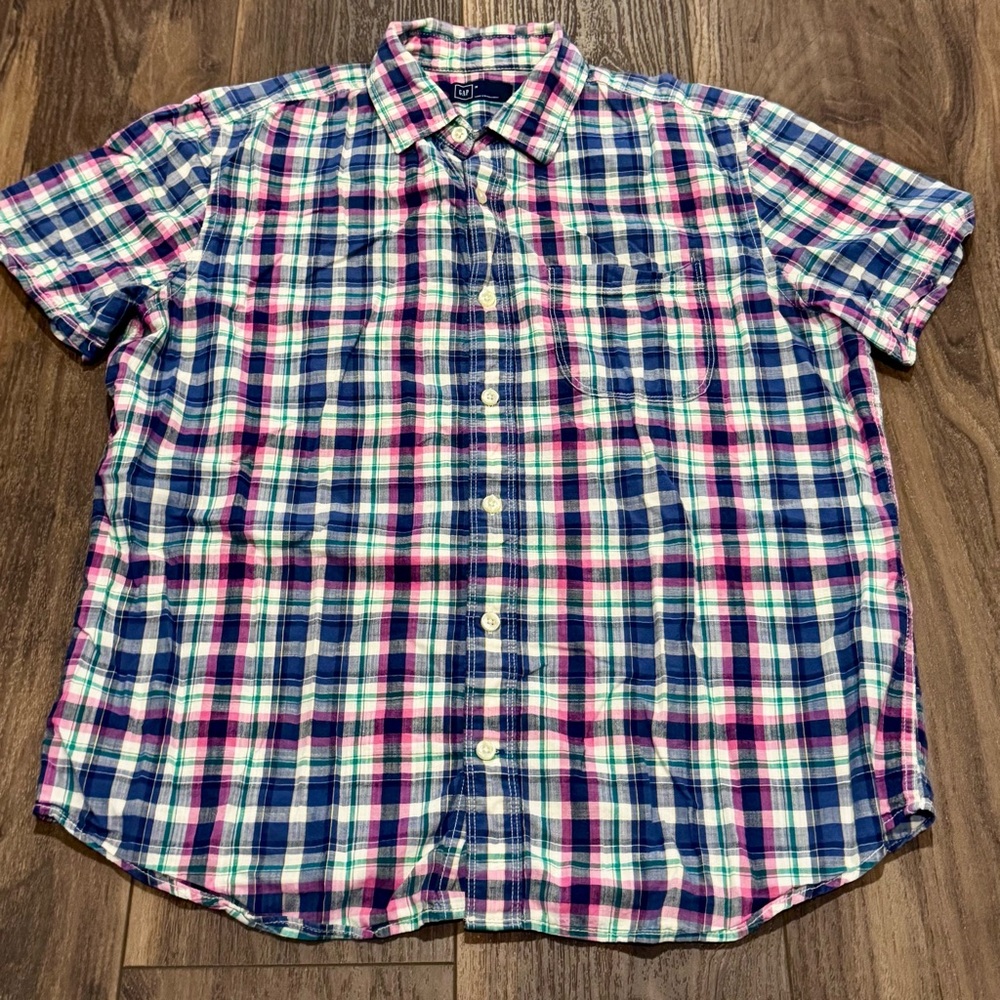 GAP Men's Casual Plaid Medium Button-down Shirt - Navy, Pink, White